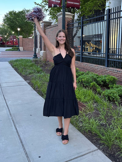 Black Halter Tiered Midi Dress