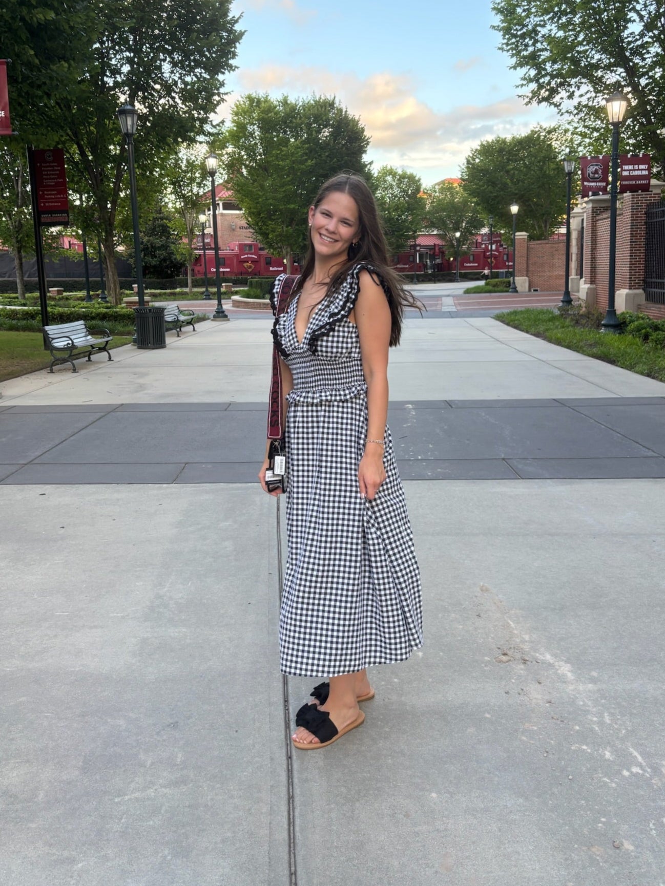 Gingham Ruffled V Neckline Midi Dress
