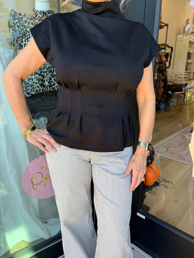 Black Pleated Waist Mock Neck Top