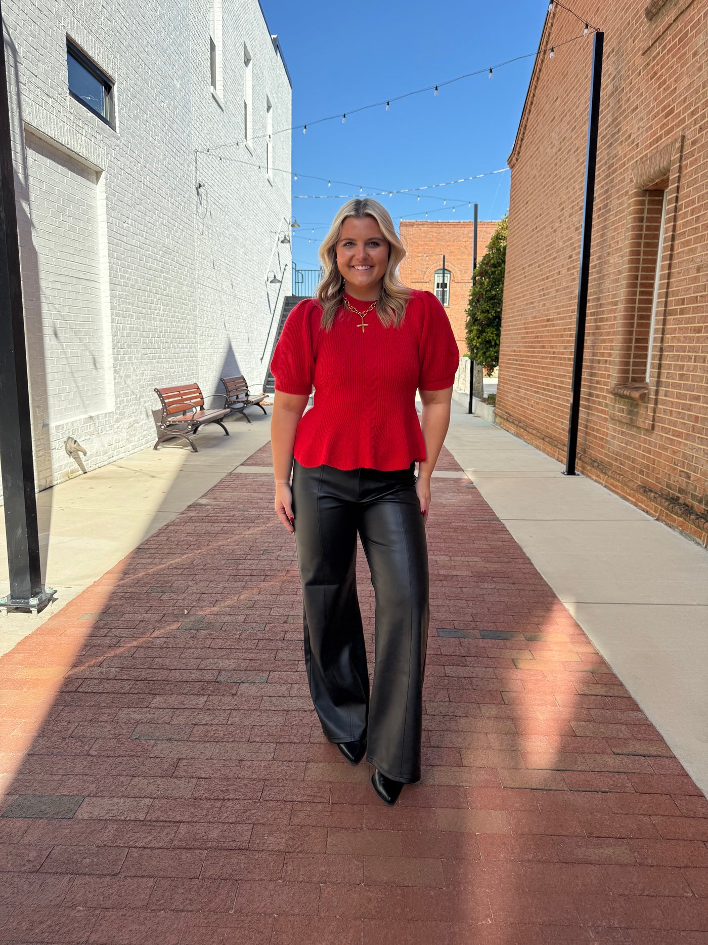 Flared Puff Sleeve Knit Top- Red