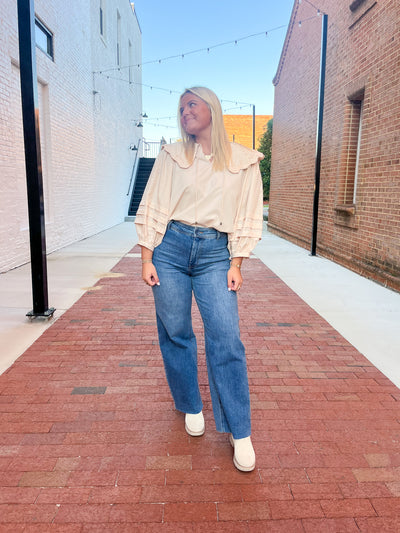 Scallop Collar Balloon Sleeve Top- Cream