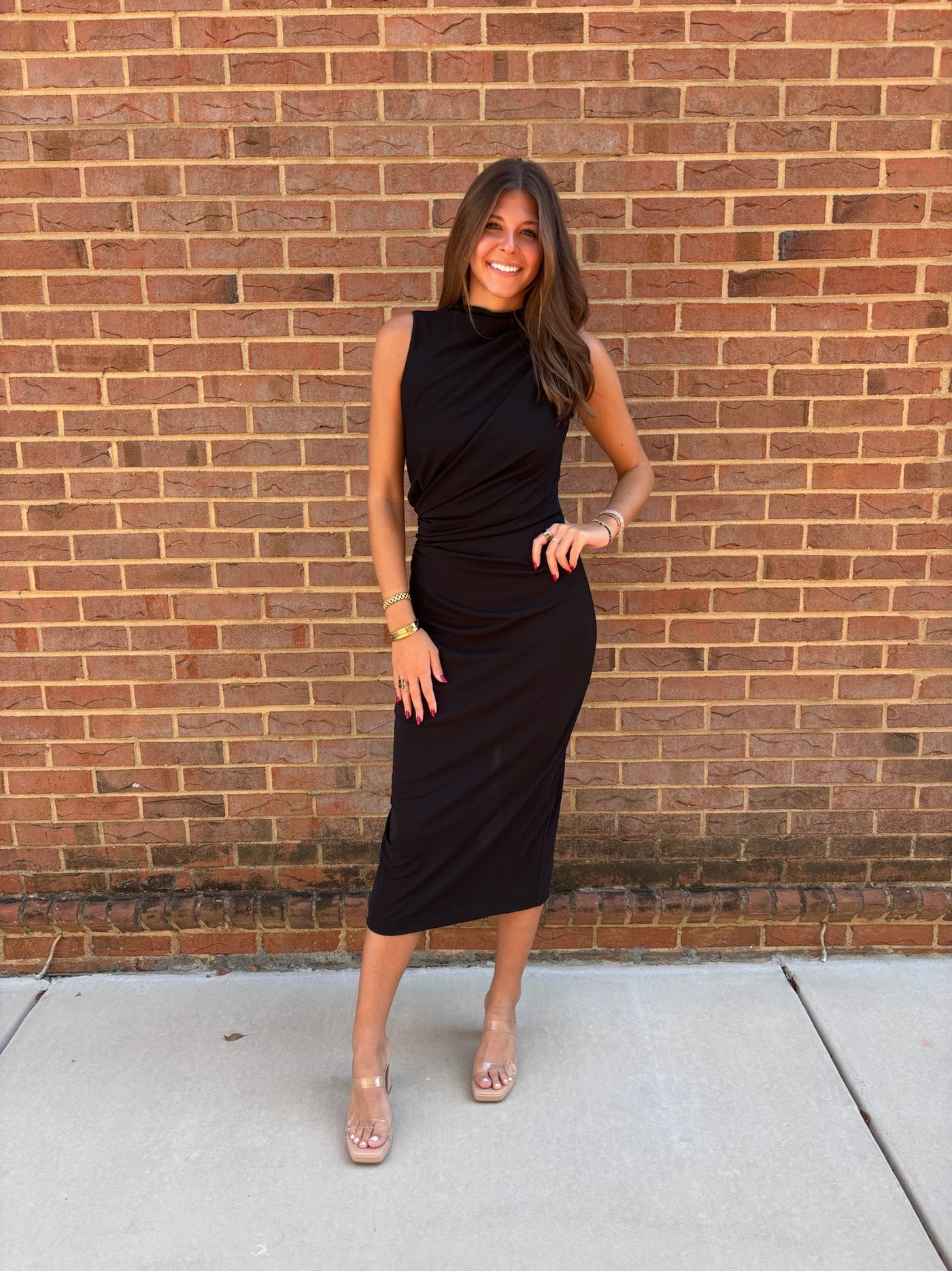 Black High Neck Draped Midi Dress