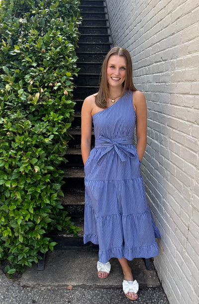 Pin Striped One Shoulder Midi Dress