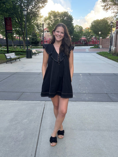 Ruffled Collar Woven Dress-Black