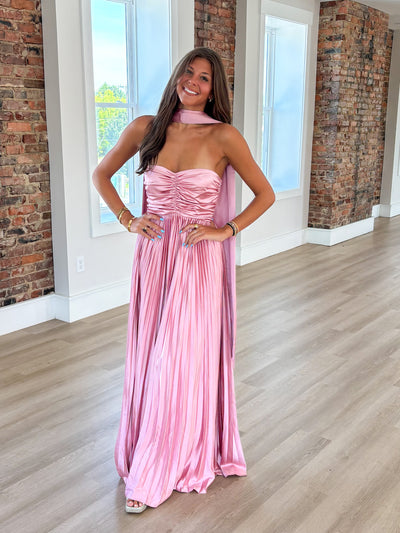 Mauve Scarf Detail Pleated Satin Maxi Dress