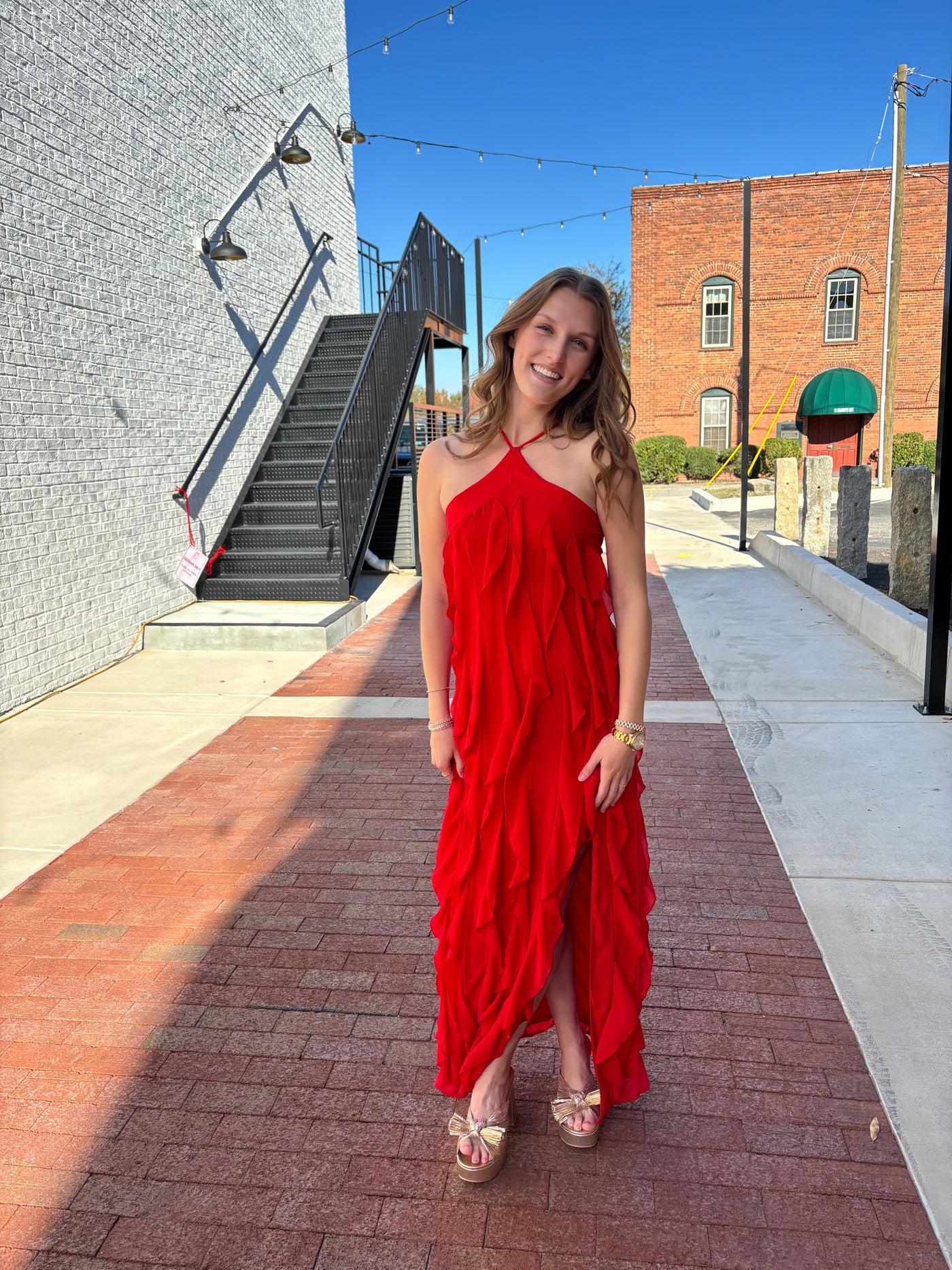 Red Halter Ruffle Maxi Dress