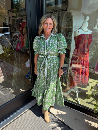 Green Floral Print Bubble Sleeve Midi Dress