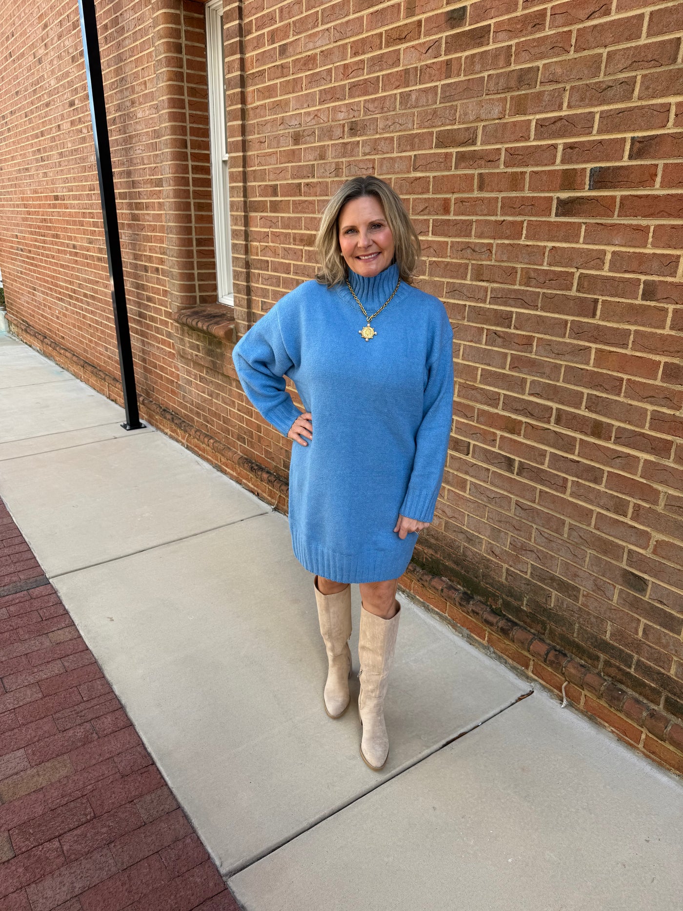 Blue Turtle Neck Long Sleeve Sweater Dress