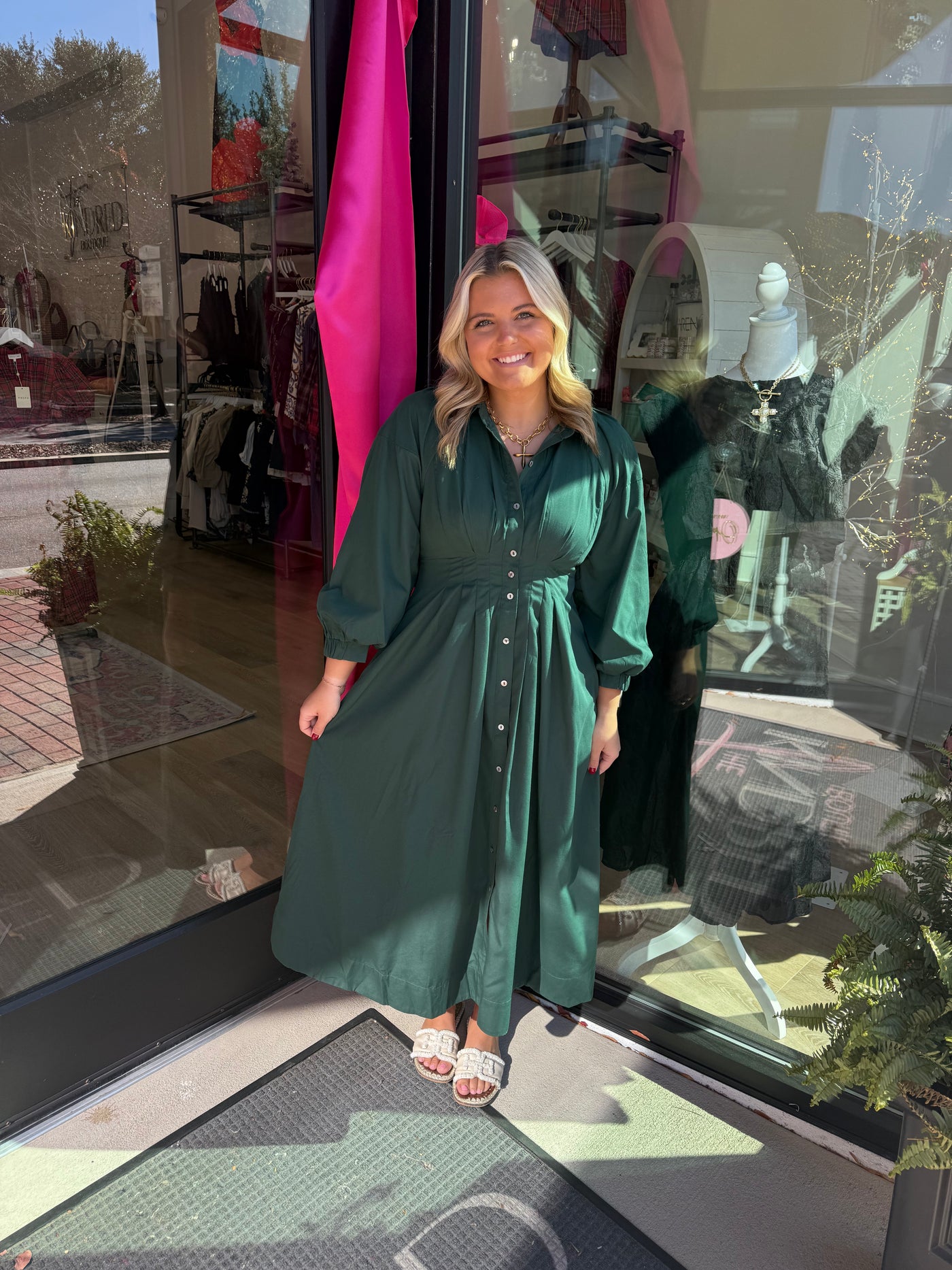 Hunter Green Pleated Waist Midi Dress