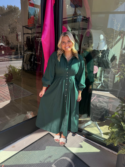 Hunter Green Pleated Waist Midi Dress