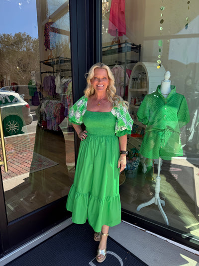 Green Square Neck Puff Sleeve Midi Dress