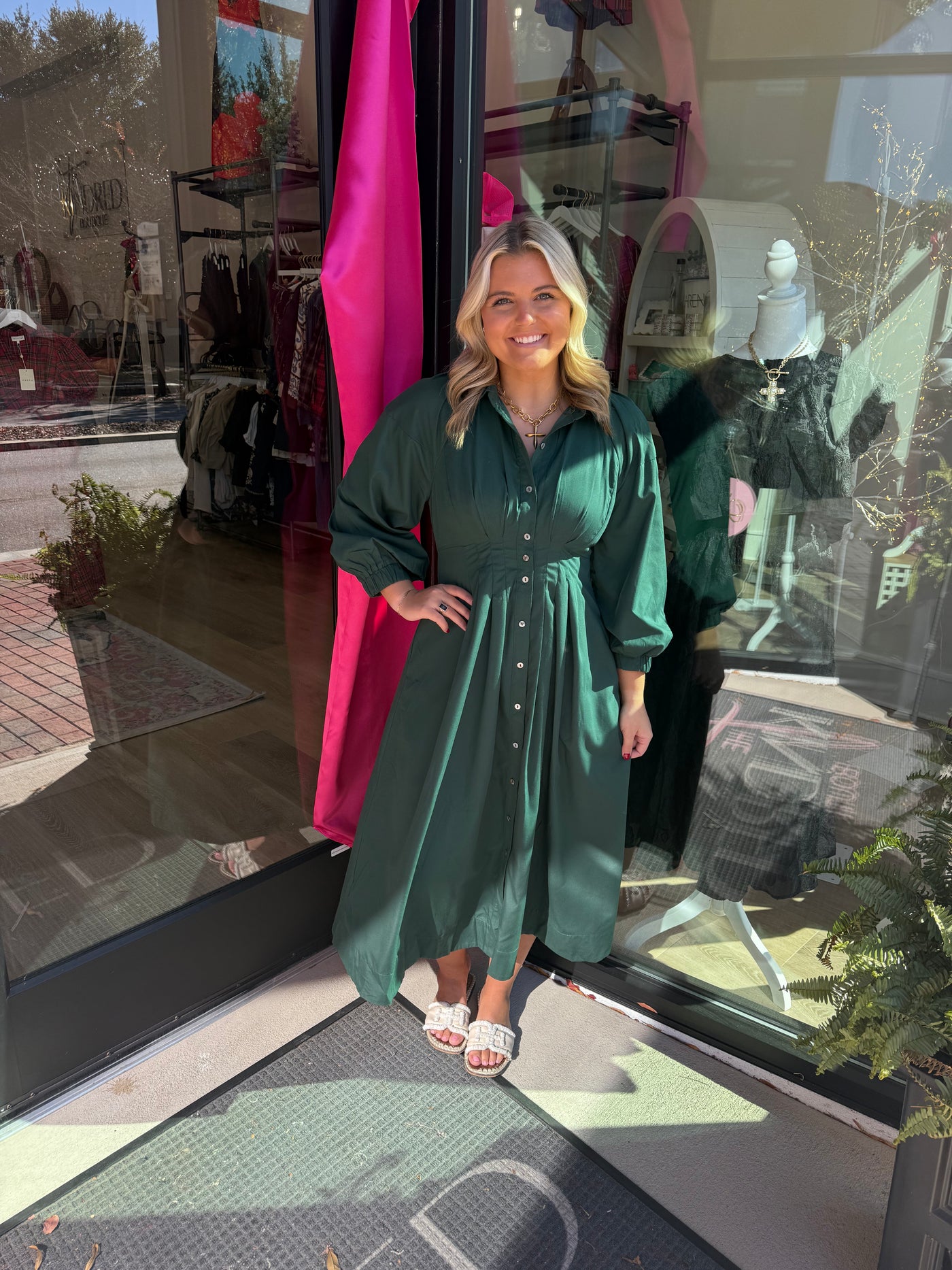 Hunter Green Pleated Waist Midi Dress