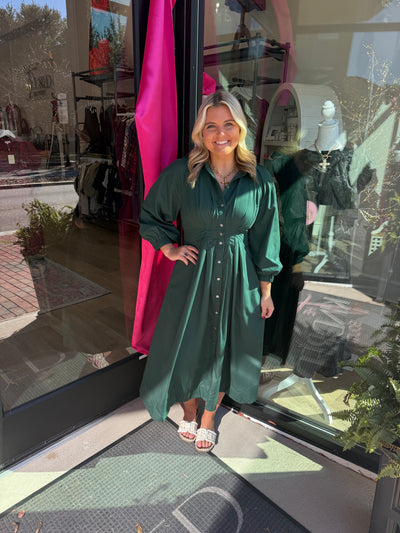 Hunter Green Pleated Waist Midi Dress