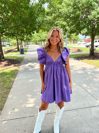 Ruffle Detail Tie Back Dress- Purple