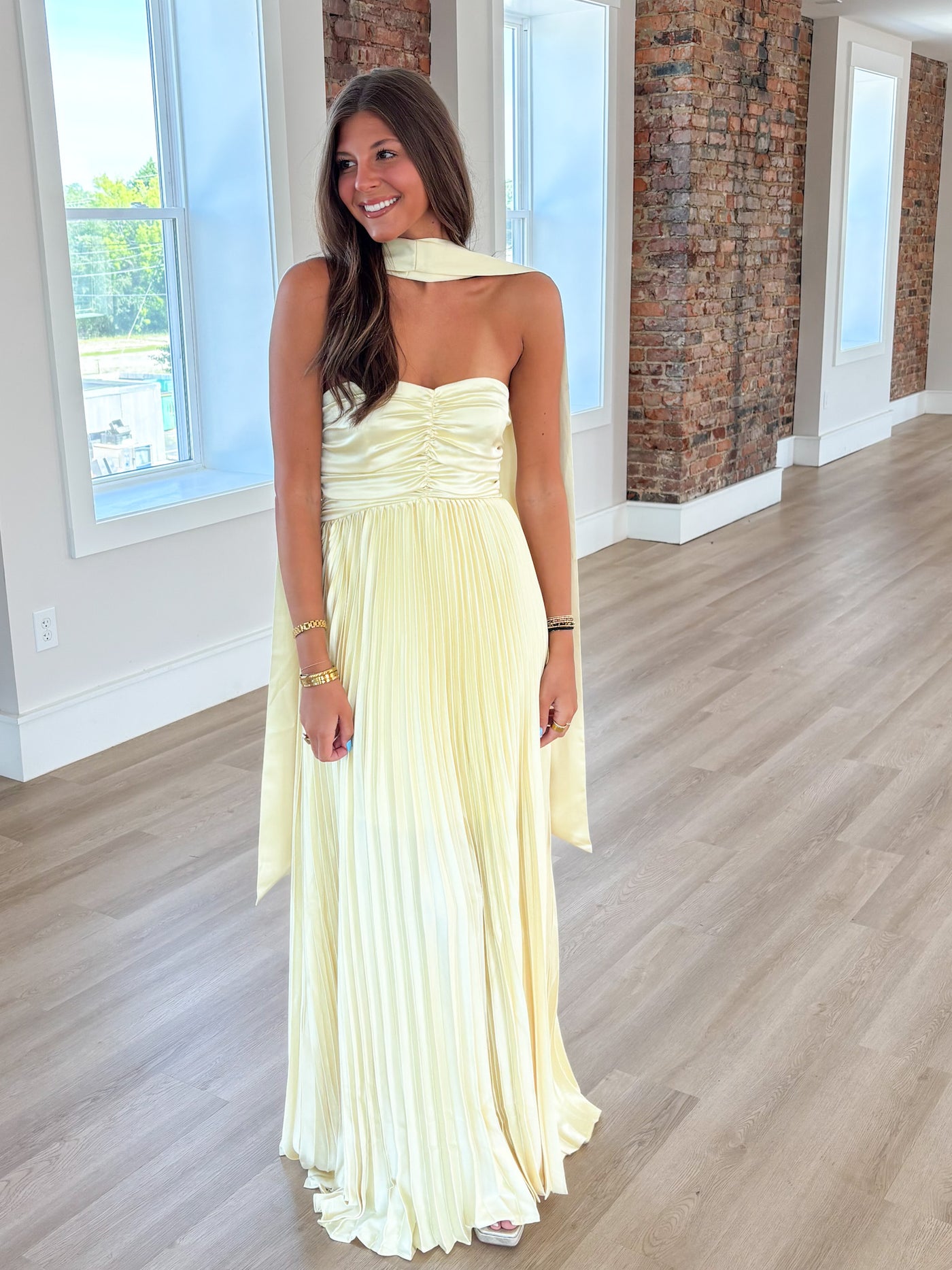Butter Yellow Scarf Detail Pleated Satin Maxi Dress