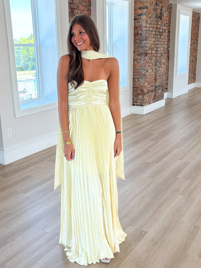 Butter Yellow Scarf Detail Pleated Satin Maxi Dress