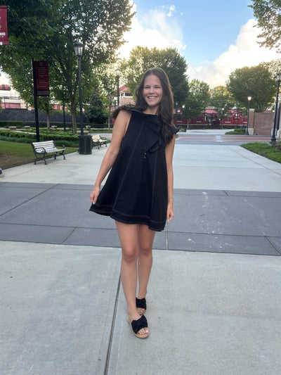 Ruffled Collar Woven Dress-Black
