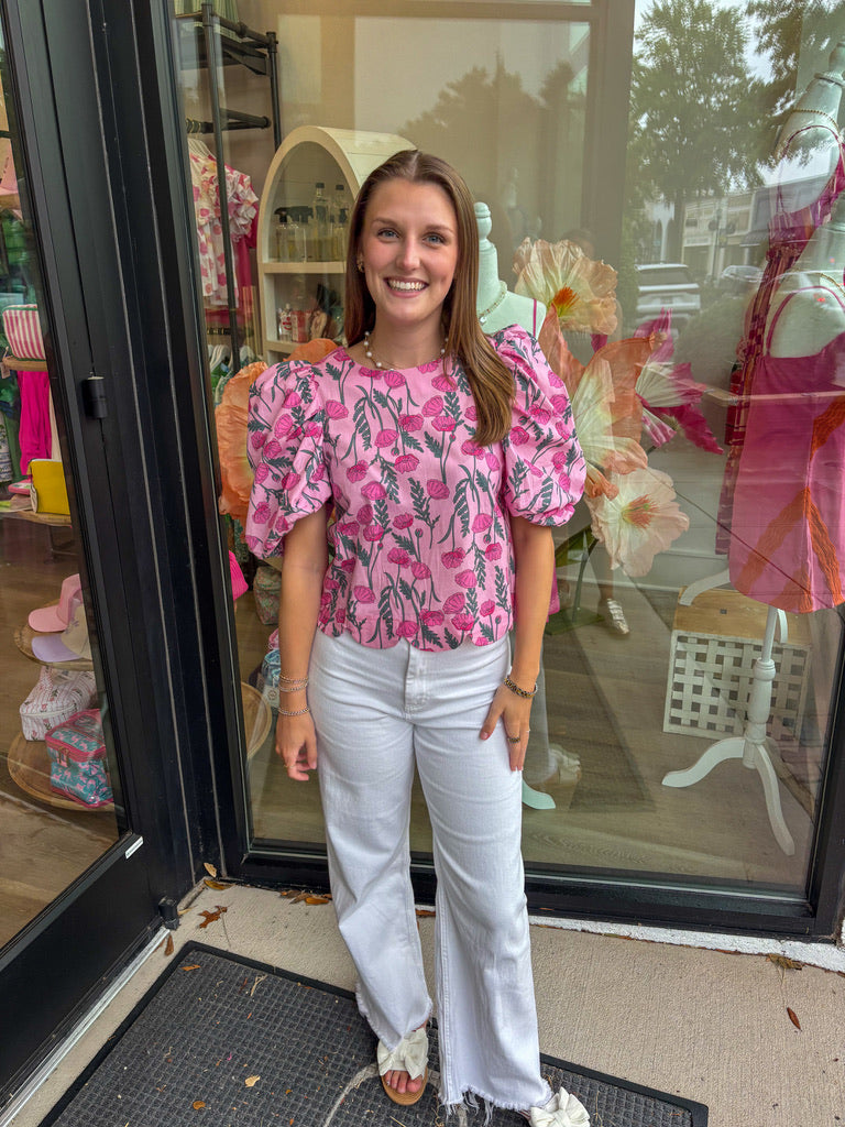 Pink Floral Print Scallop Hem Top