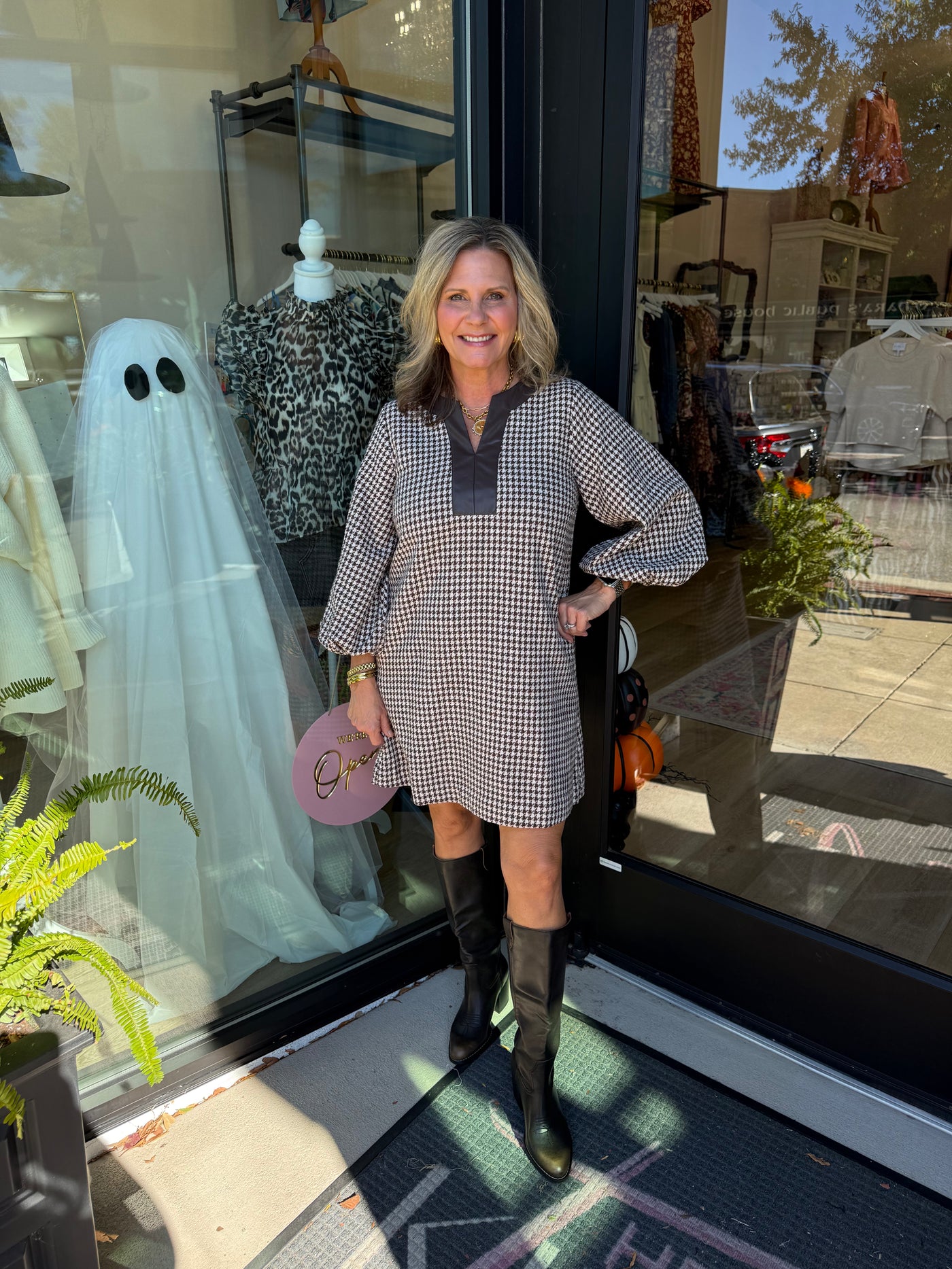 Brown Tweed Balloon Sleeve Dress