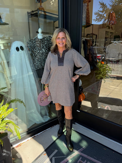 Brown Tweed Balloon Sleeve Dress