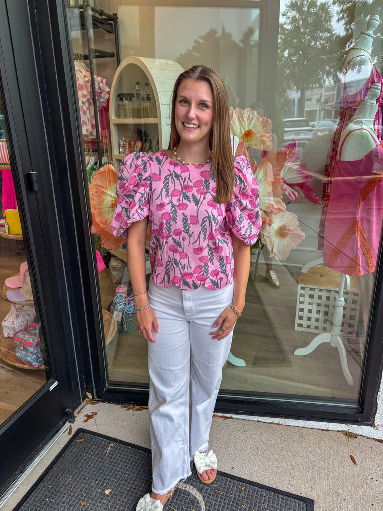 Pink Floral Print Scallop Hem Top