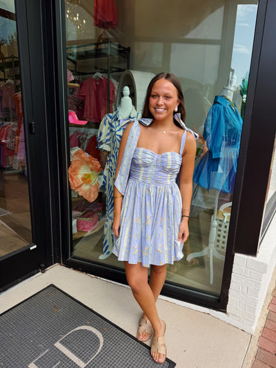 Lavender Floral Shoulder Tie Ruched Mini Dress