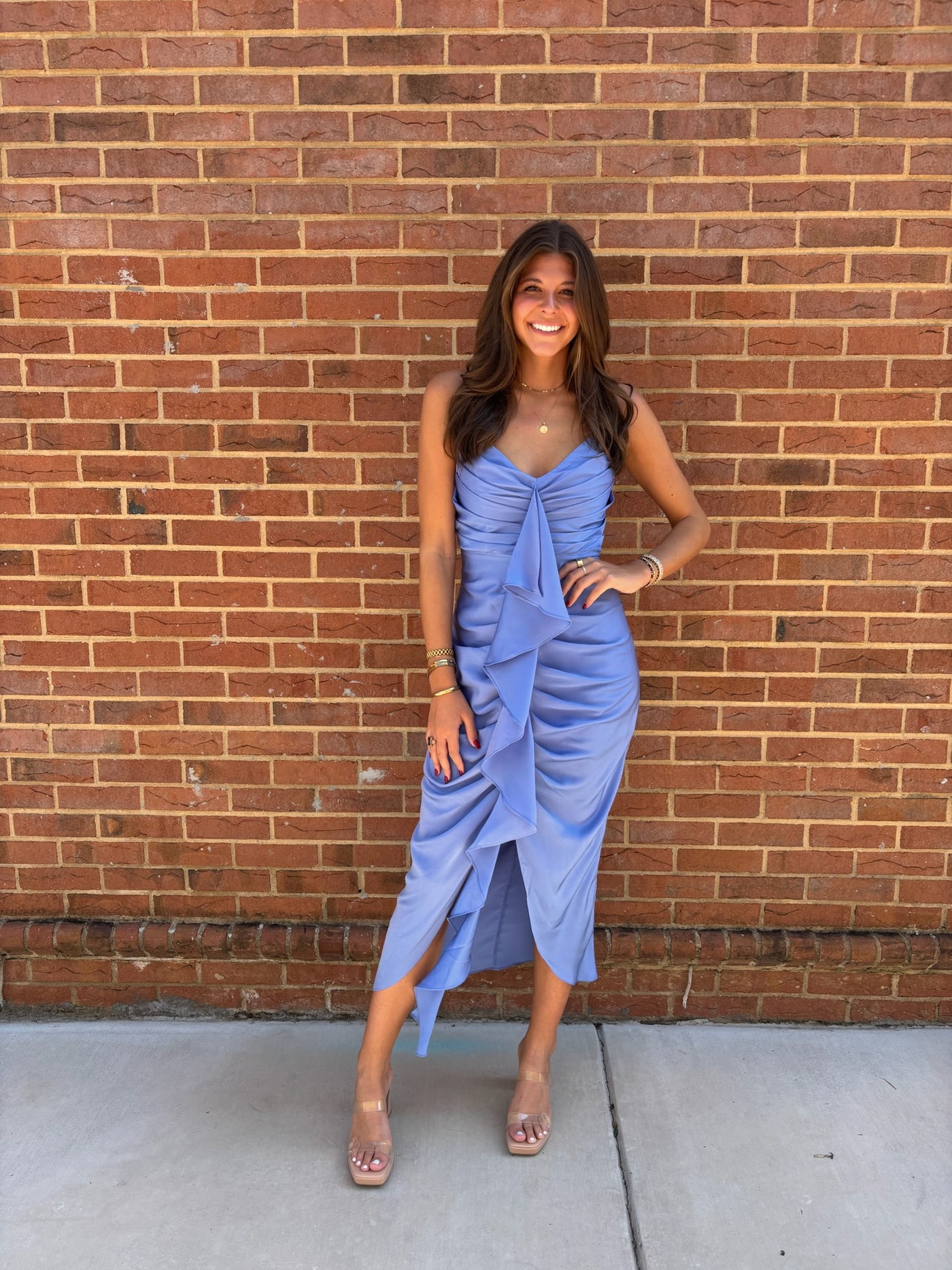 Periwinkle Front Ruffle Midi Dress