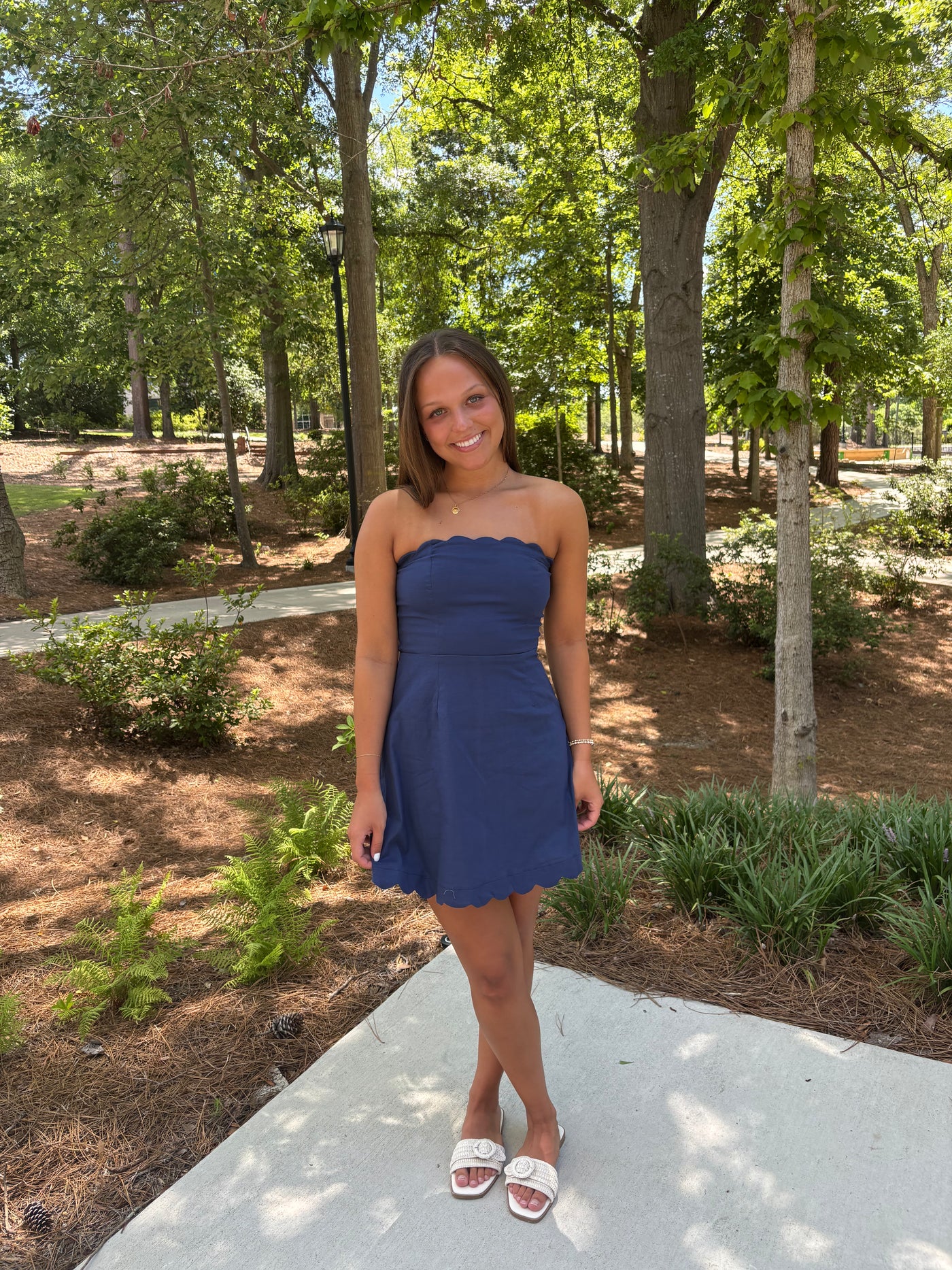 Navy Strapless Scalloped Detail Dress