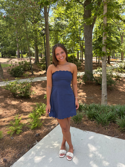 Navy Strapless Scalloped Detail Dress