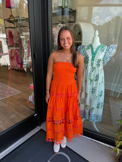Eyelet Embroidered Lace Tube Dress- Orange