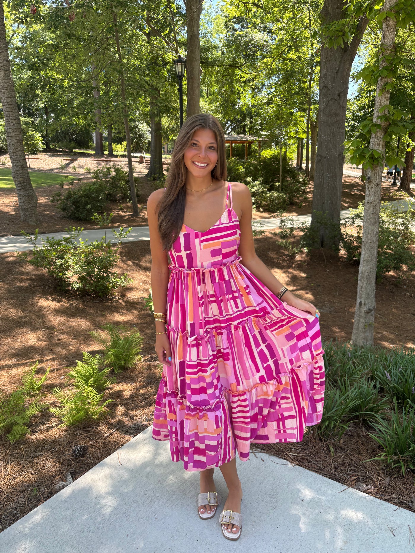 Pink Printed Spaghetti Strap Midi Dress