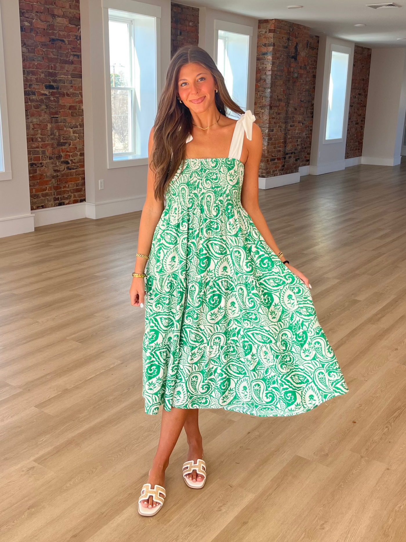 Green Paisley Tie Strap Maxi Dress