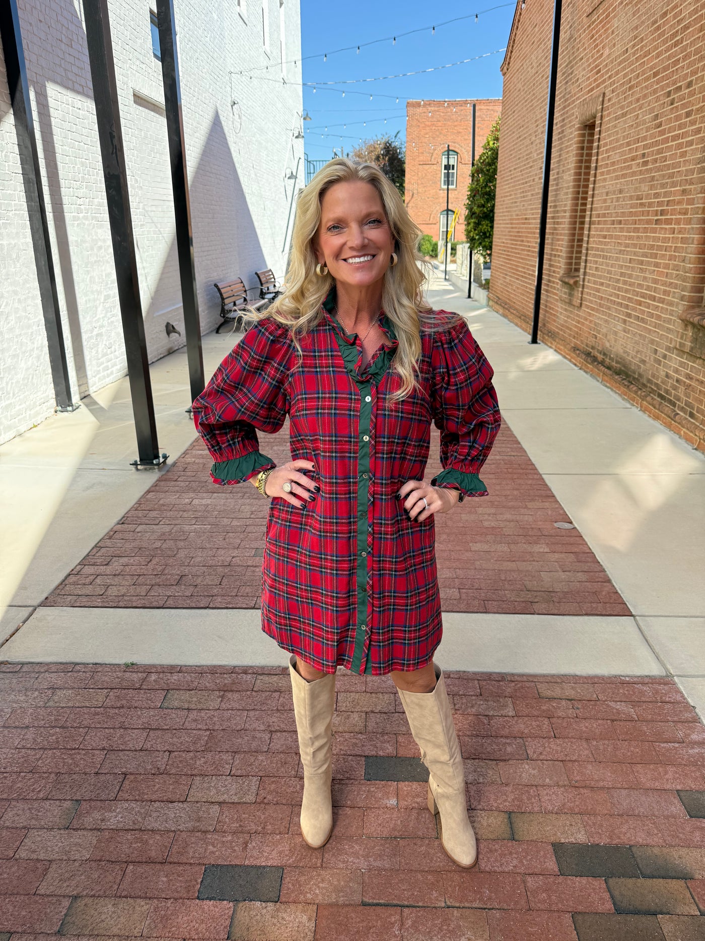 Red Plaid Ruffle Neck Dress