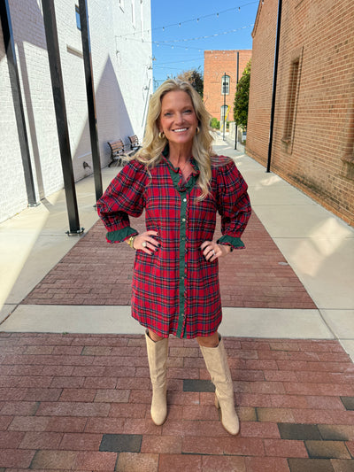 Red Plaid Ruffle Neck Dress