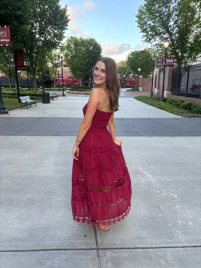 Eyelet Embroidered Lace Tube Dress- Garnet