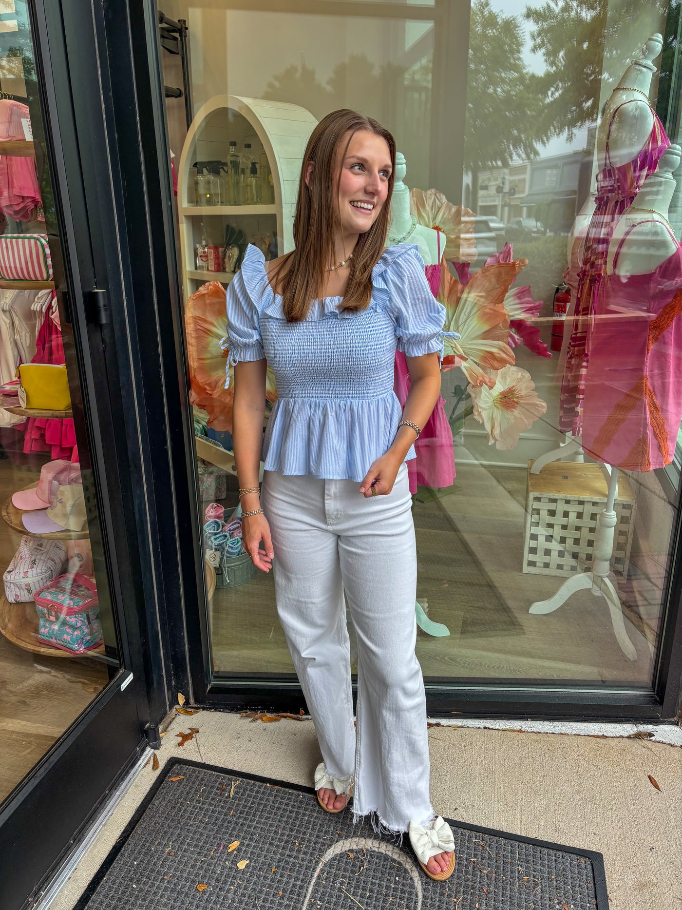 Blue Striped Peplum Smocked Top