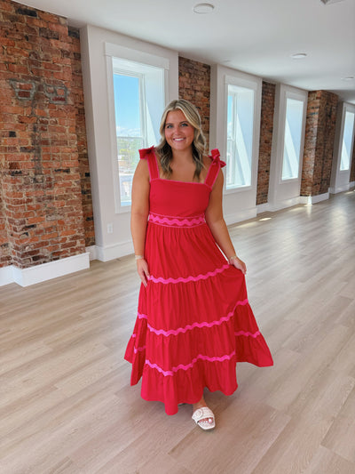 Red And Pink Ric Rac Detail Midi Dress