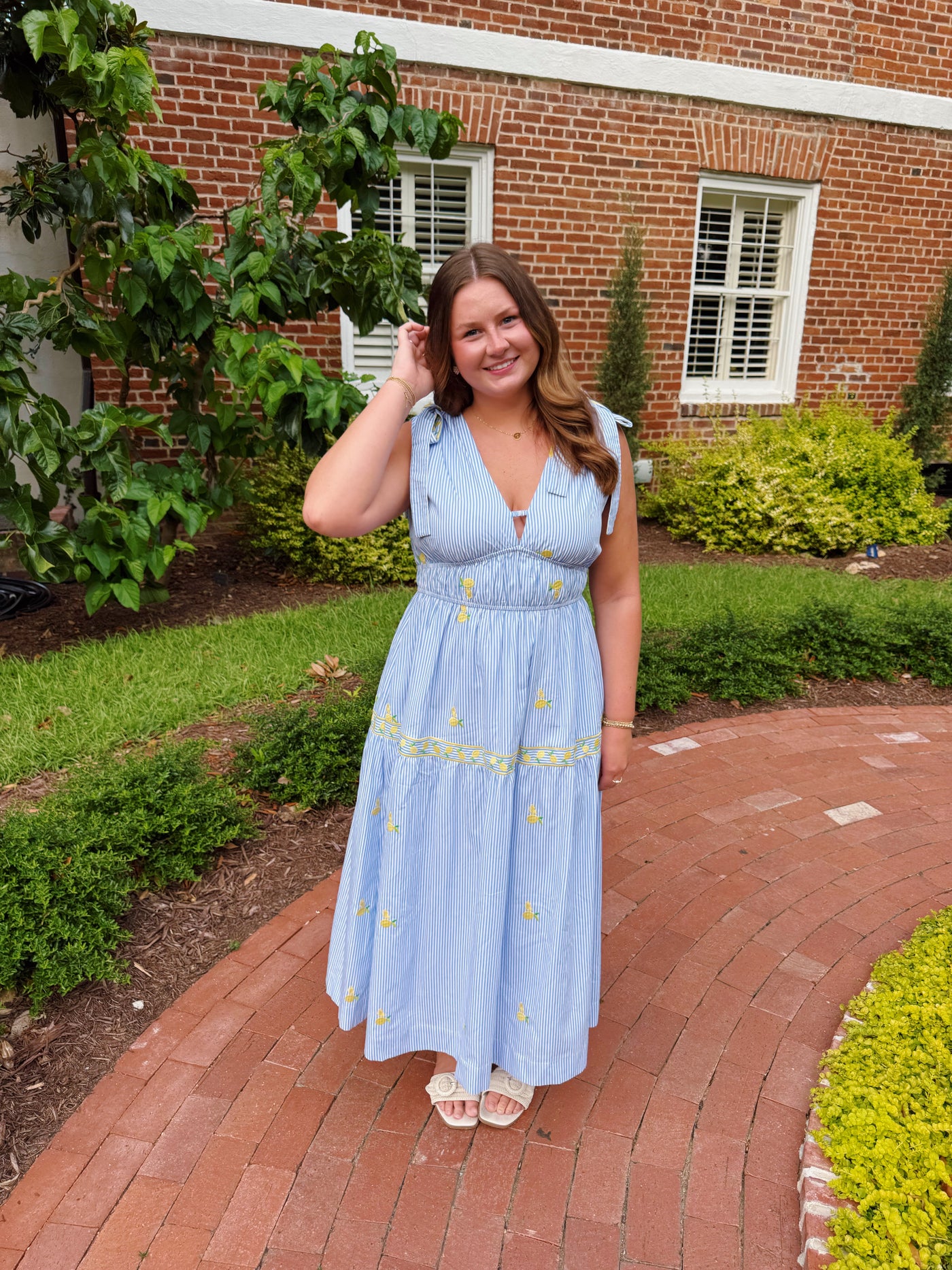Lemon Embroidered Striped Midi Dress