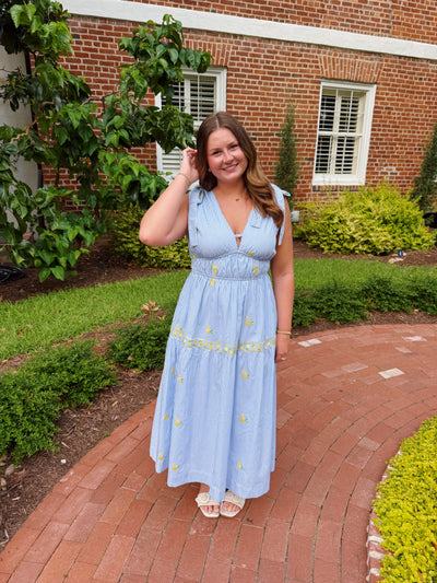 Lemon Embroidered Striped Midi Dress