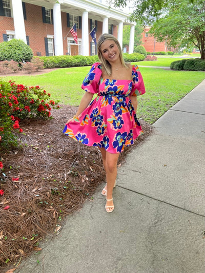 Bold Flower Print Mini Dress- Pink