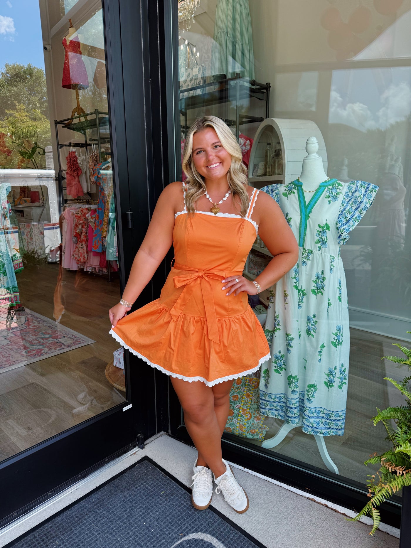 Orange Scallop Detail Tie Waist Mini Dress