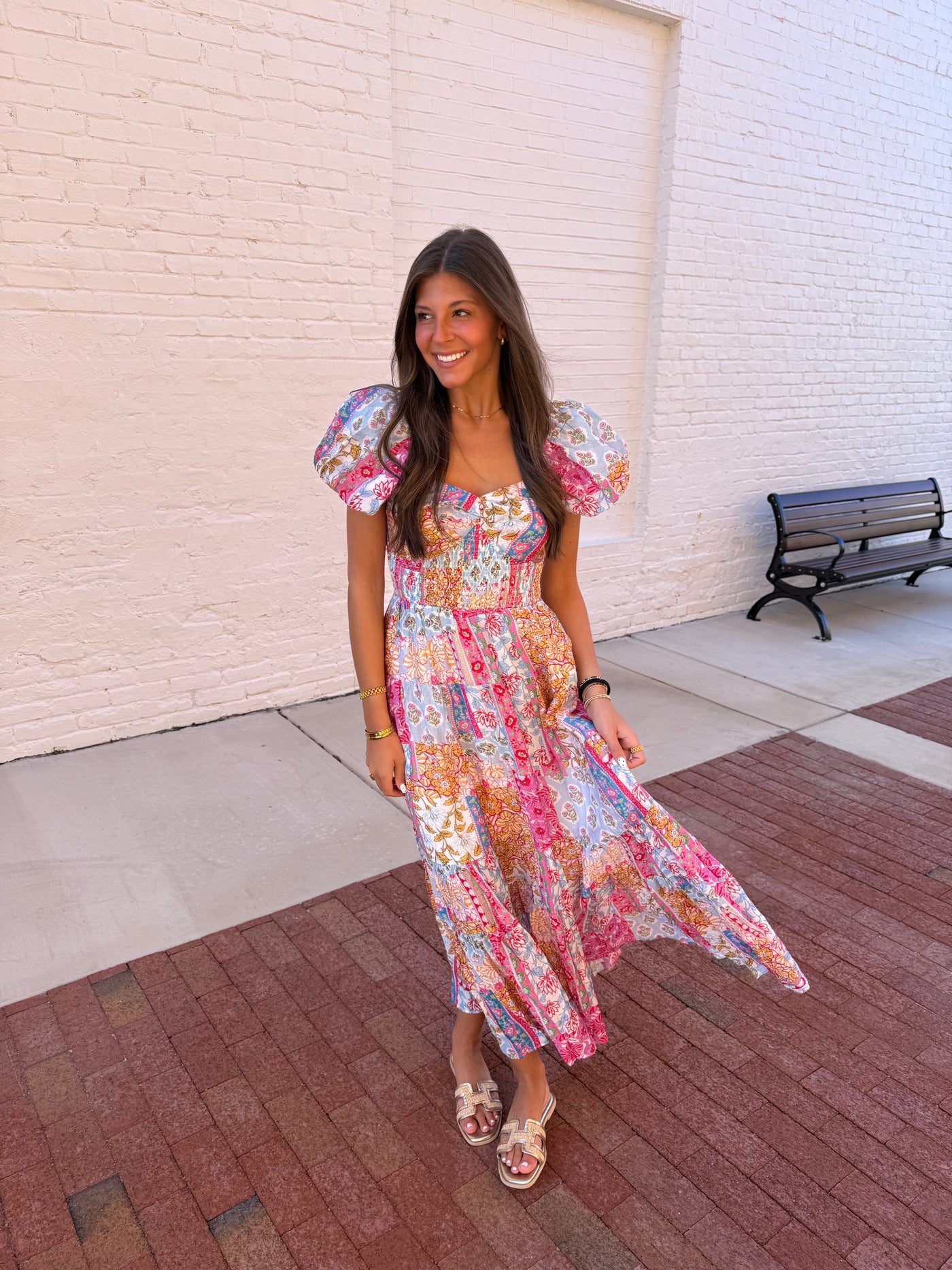 Mixed Floral Print Puff Sleeve Maxi Dress