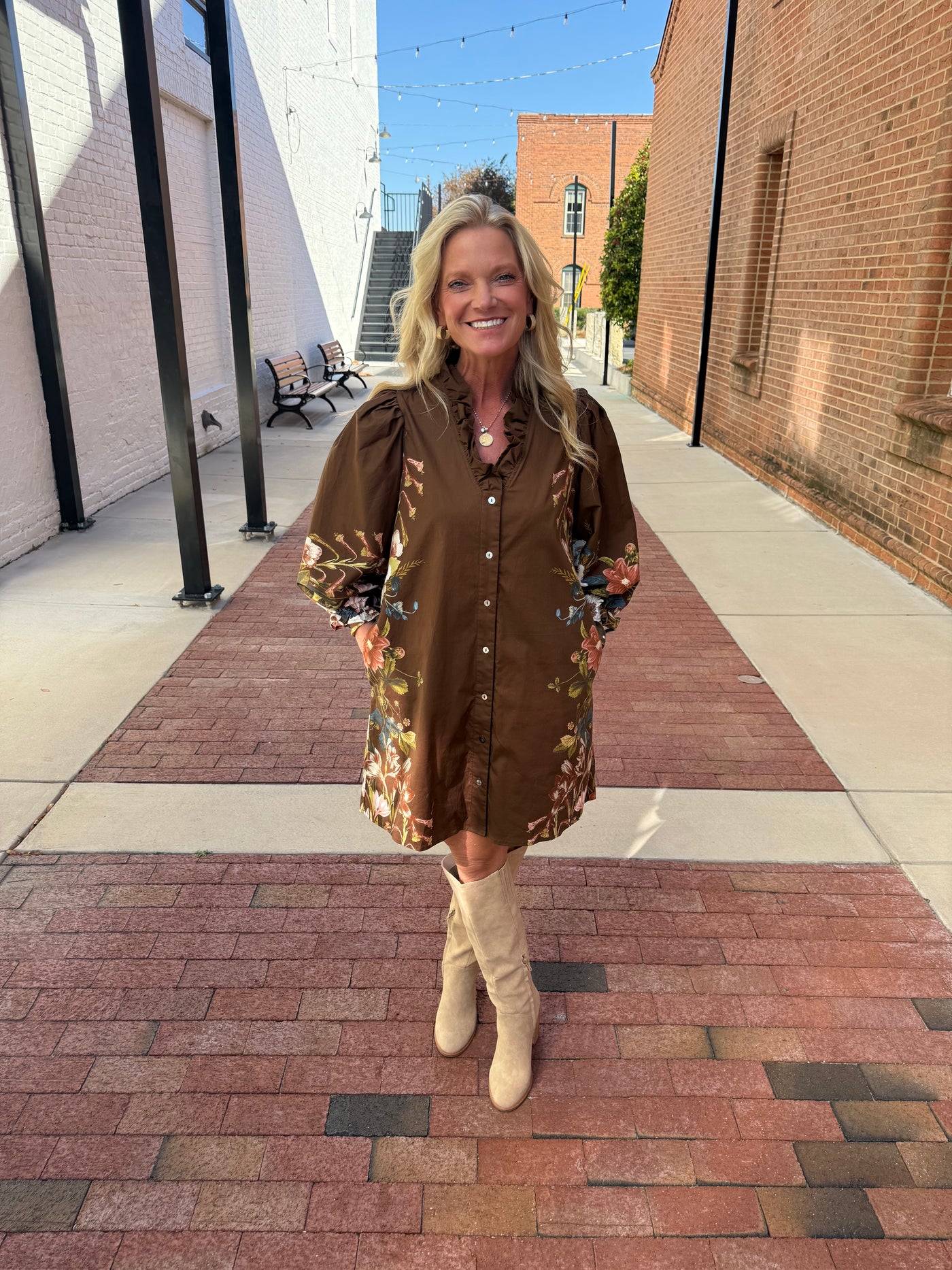 Brown Floral Ruffle Neck Mini Dress