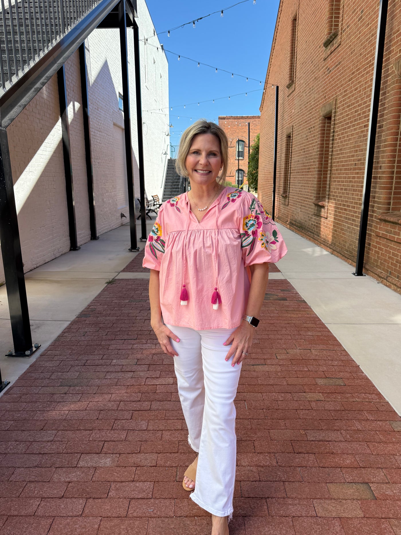 Pink Embroidered Detail Puff Sleeve Top