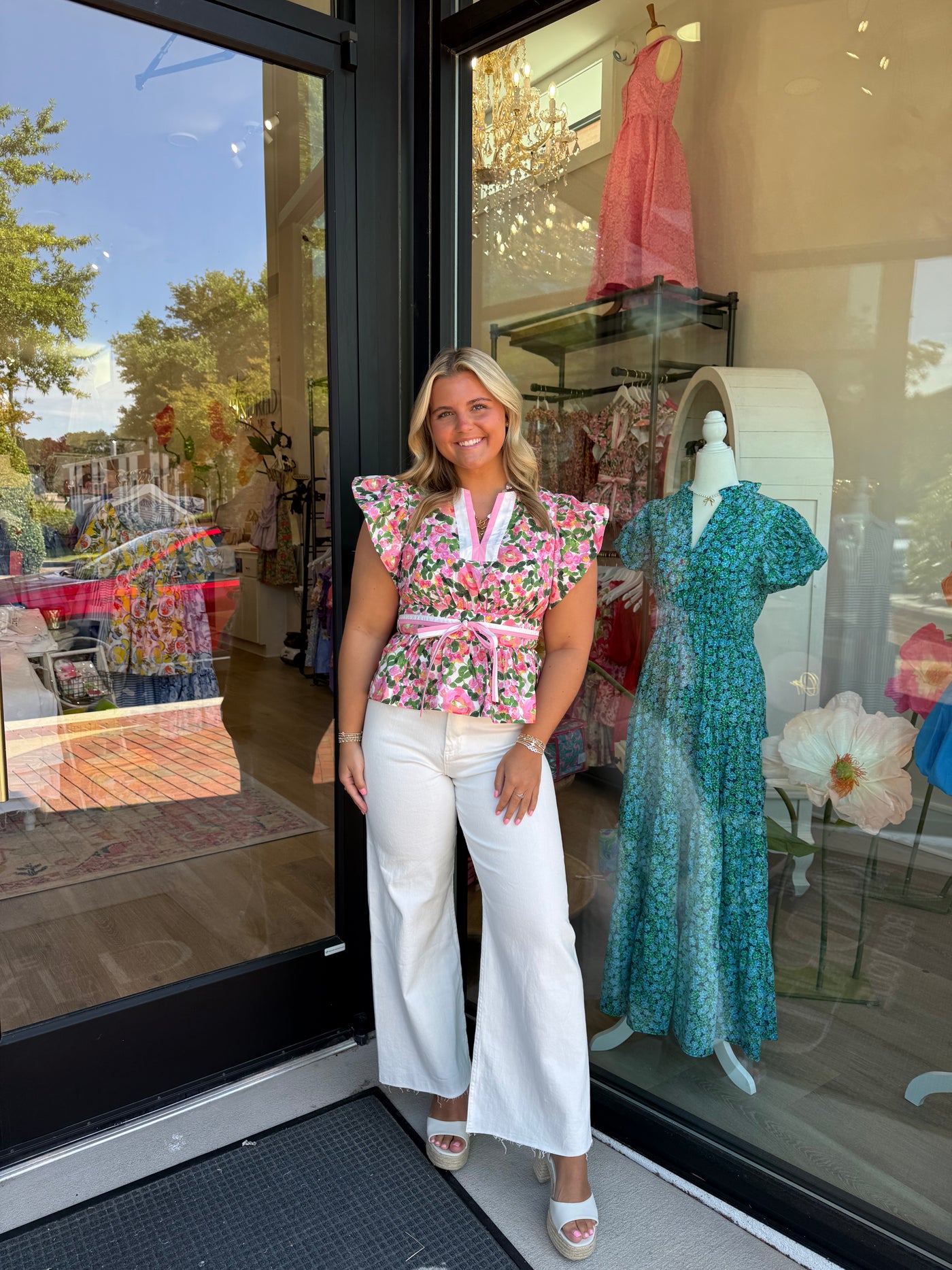Pink And Green Floral Peplum Top