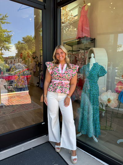 Pink And Green Floral Peplum Top