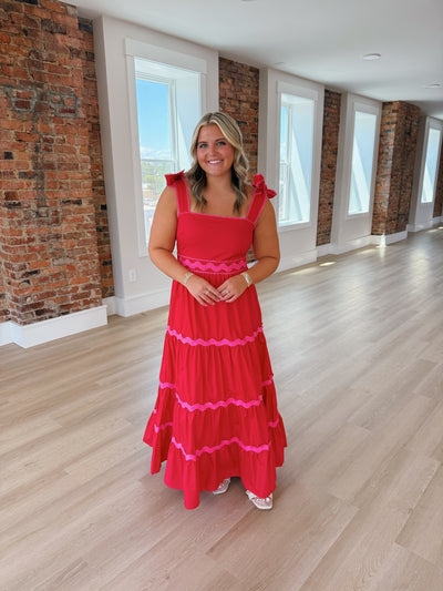 Red And Pink Ric Rac Detail Midi Dress