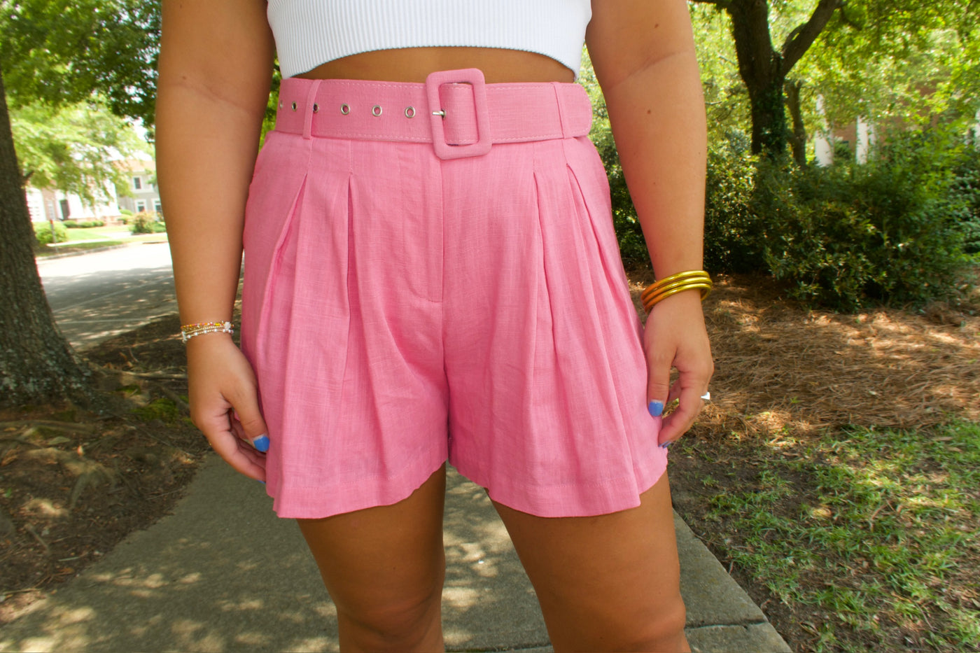 Pink Pleated Linen Shorts