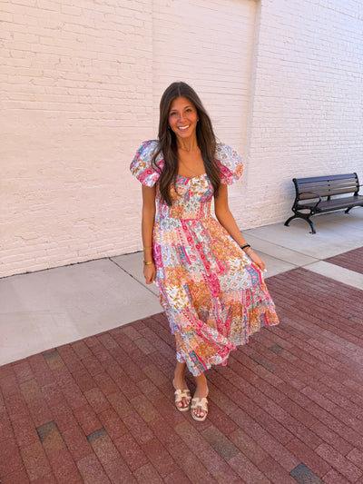 Mixed Floral Print Puff Sleeve Maxi Dress