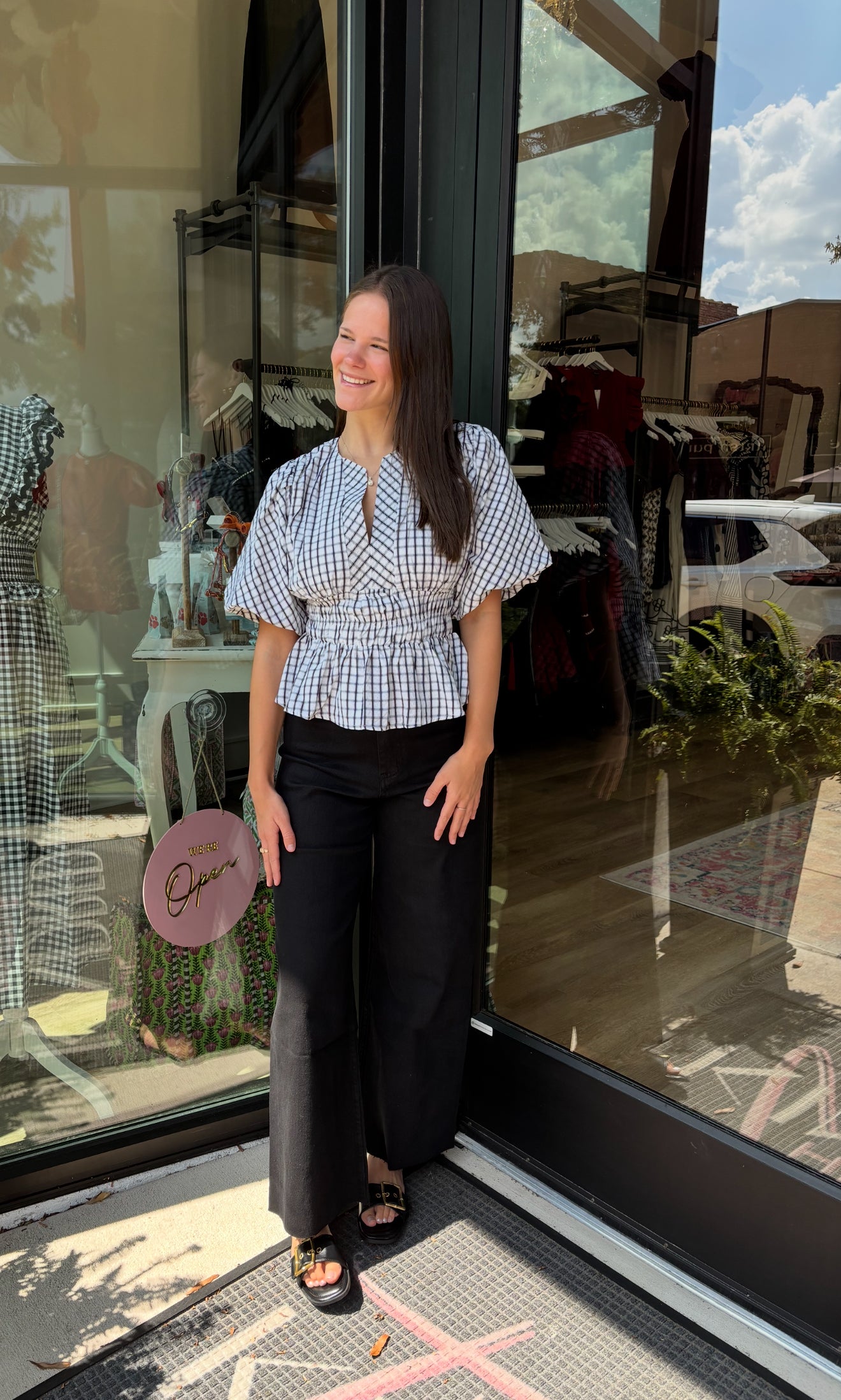 Ivory/Black Checkered Puff Sleeve Top